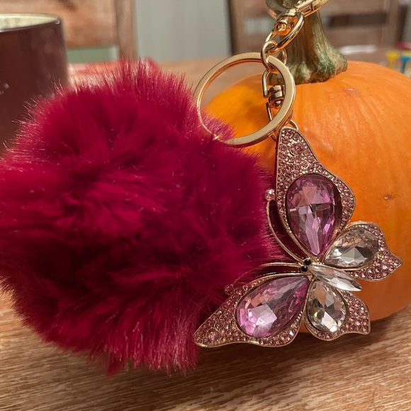 Accessories - Butterfly Keychain with Burgundy Red Pom Pom